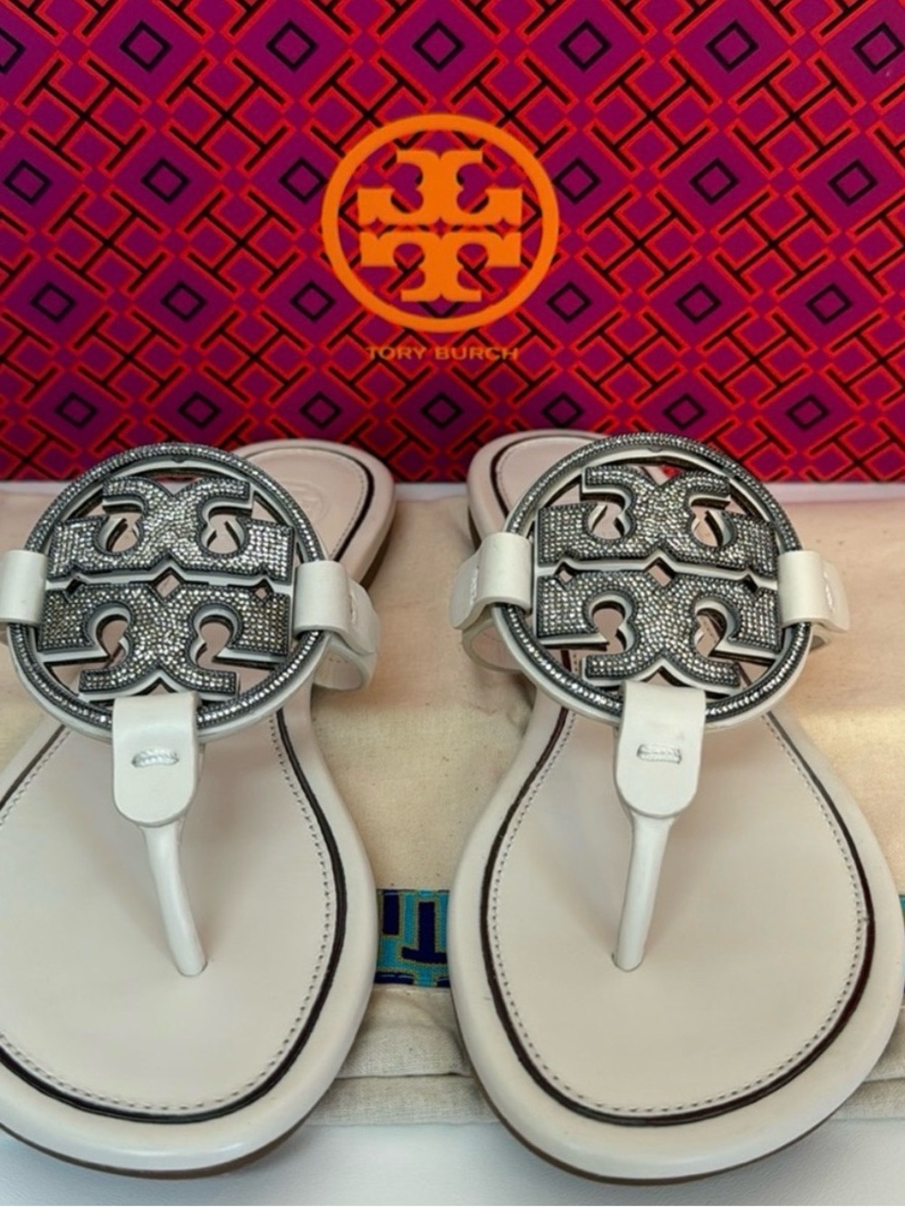 Tory Burch White Leather Miller Thong Sandals with Silver Logo Medallions